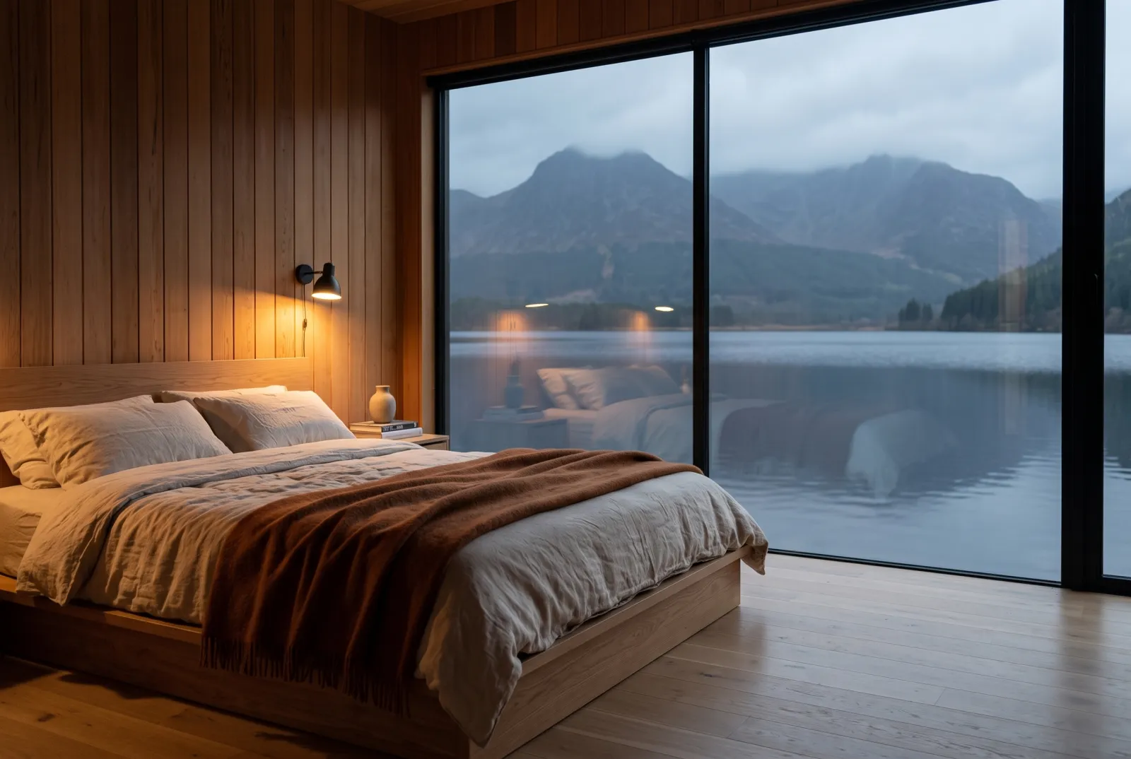 Master bedroom with a glass wall facing the lake