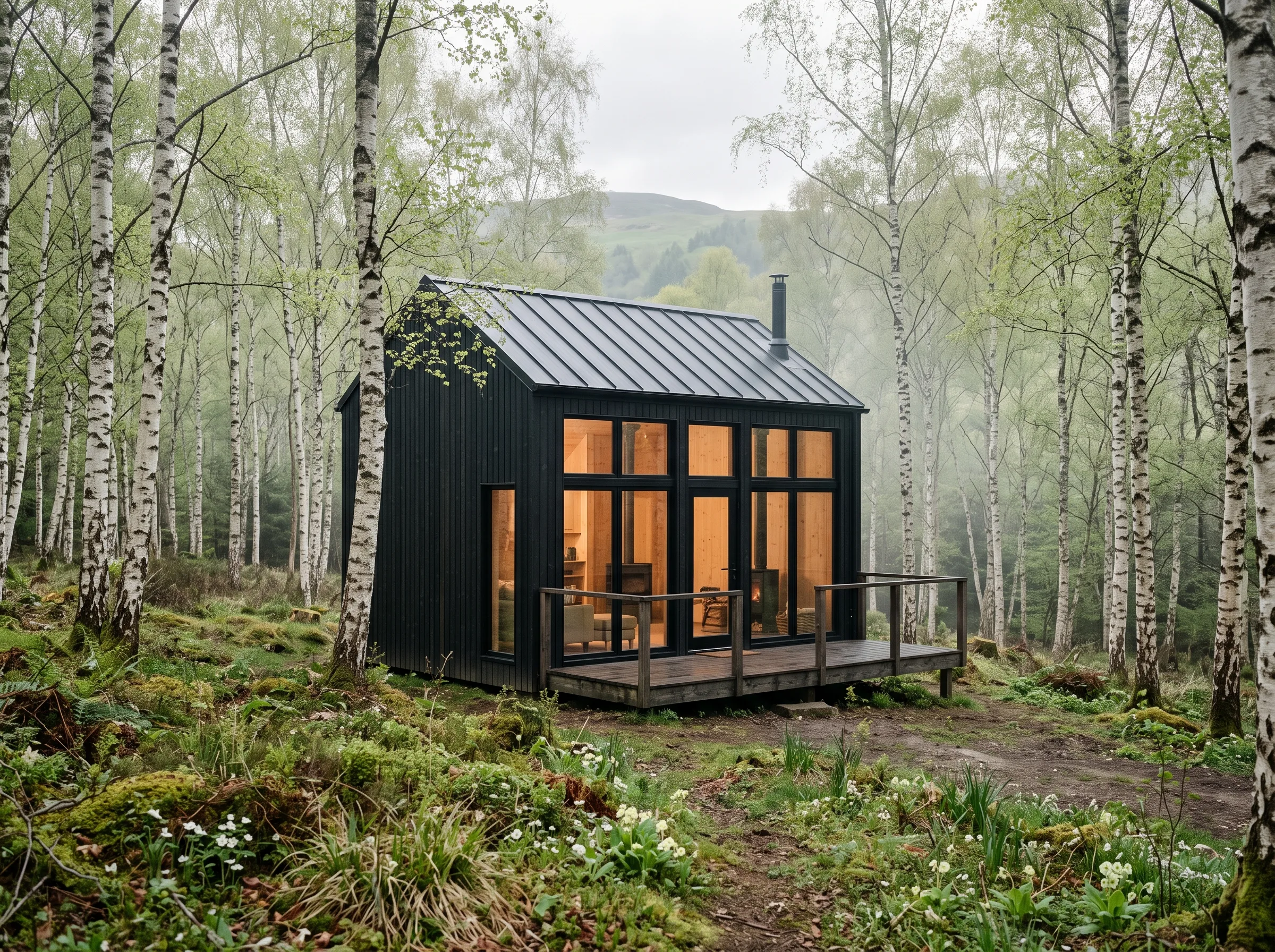 Birk, a black cabin in a birch grove in spring
