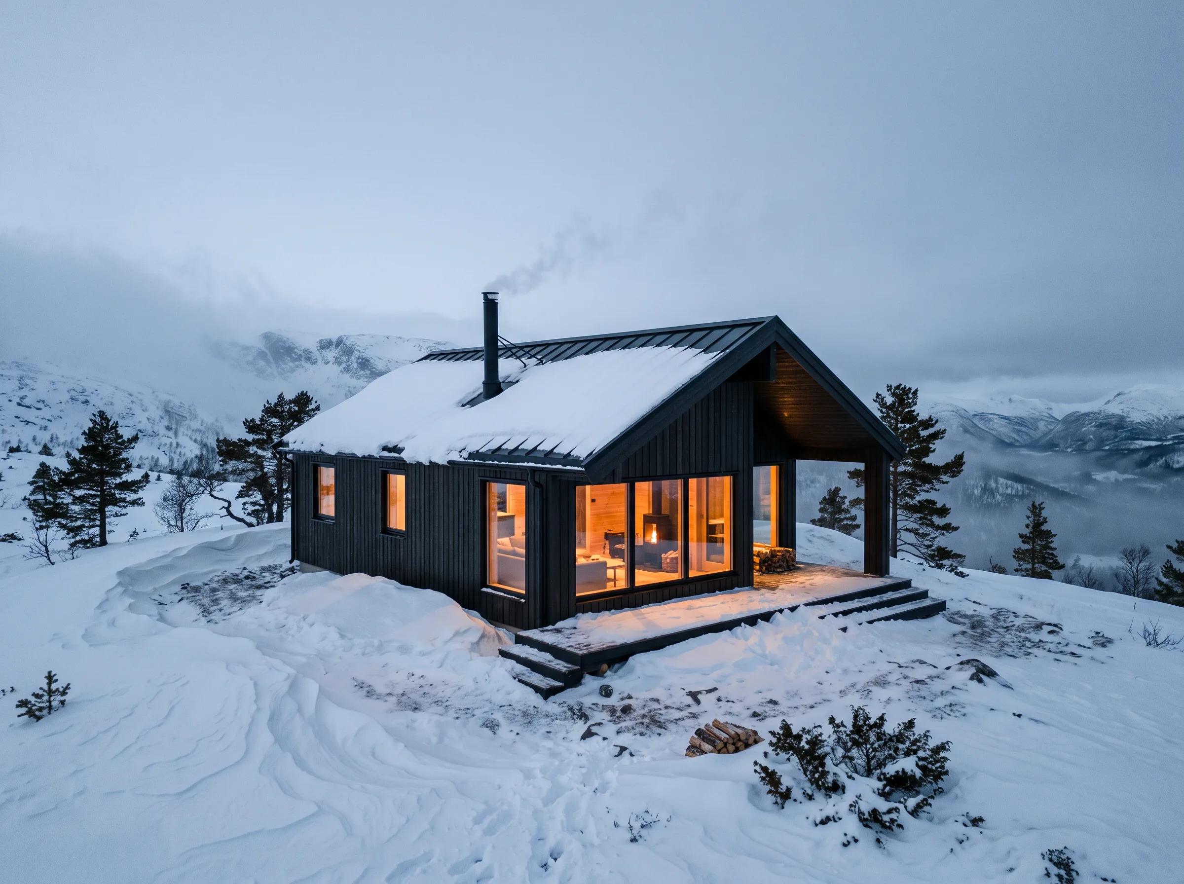 Fell, a black cabin in deep snow on a bare mountain