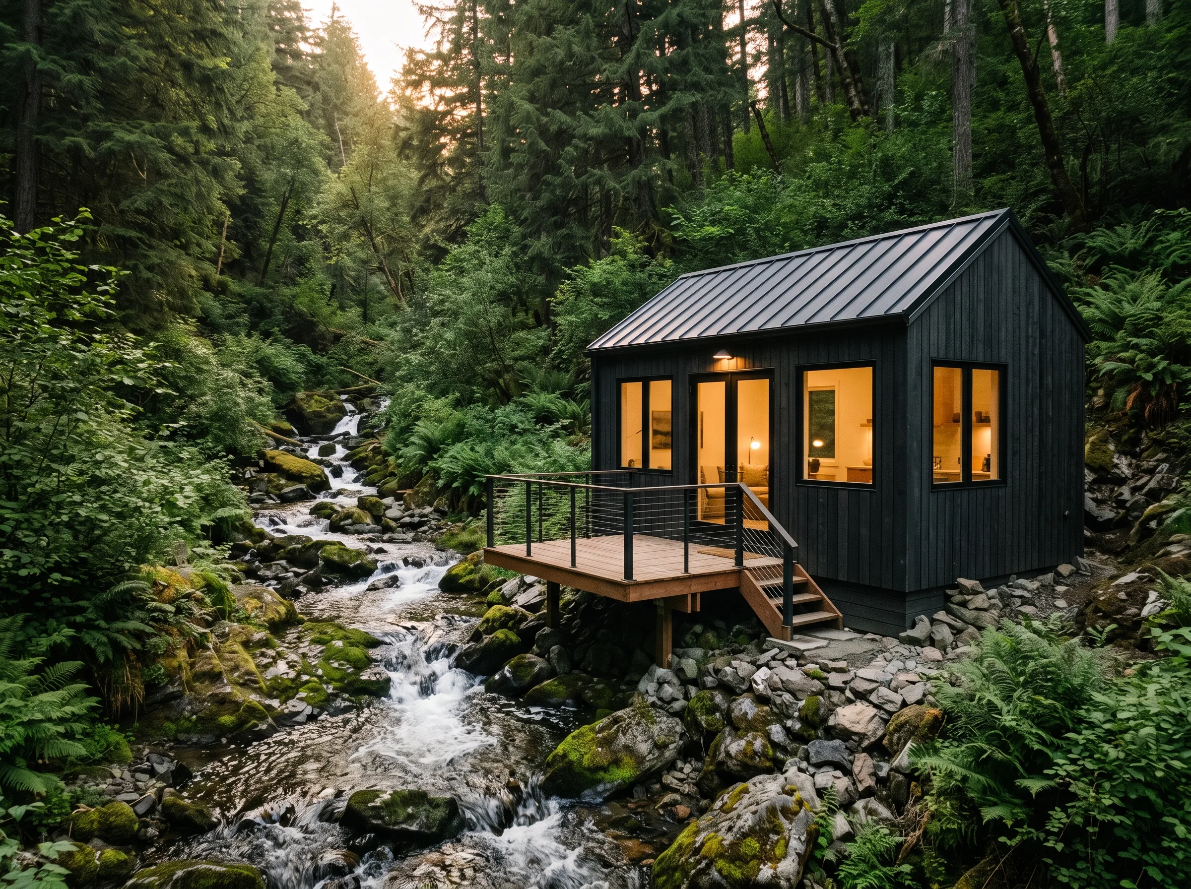 Ghyll, a black cabin beside a mountain stream in summer