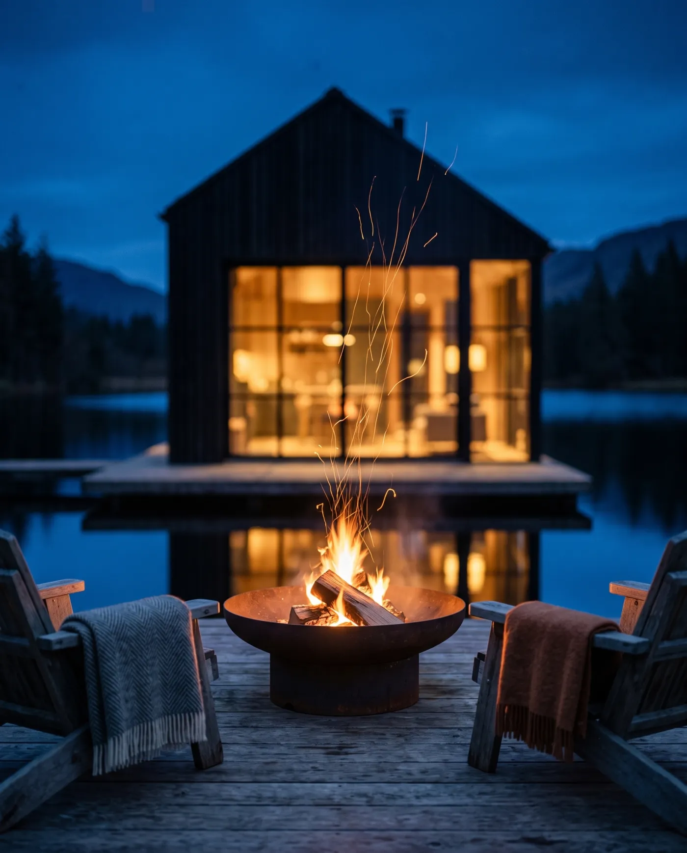 Firepit burning on the dock at night, cabin behind