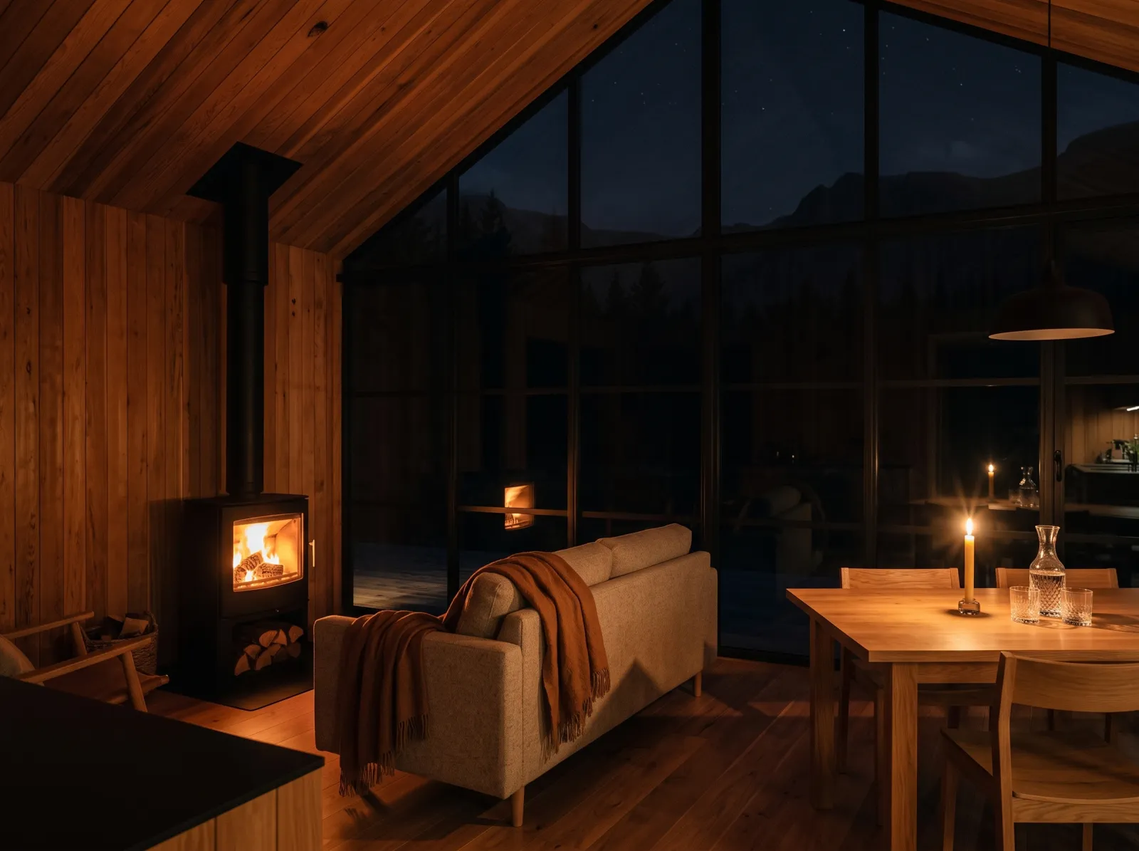 Cabin interior at night, stove burning, candle on the table