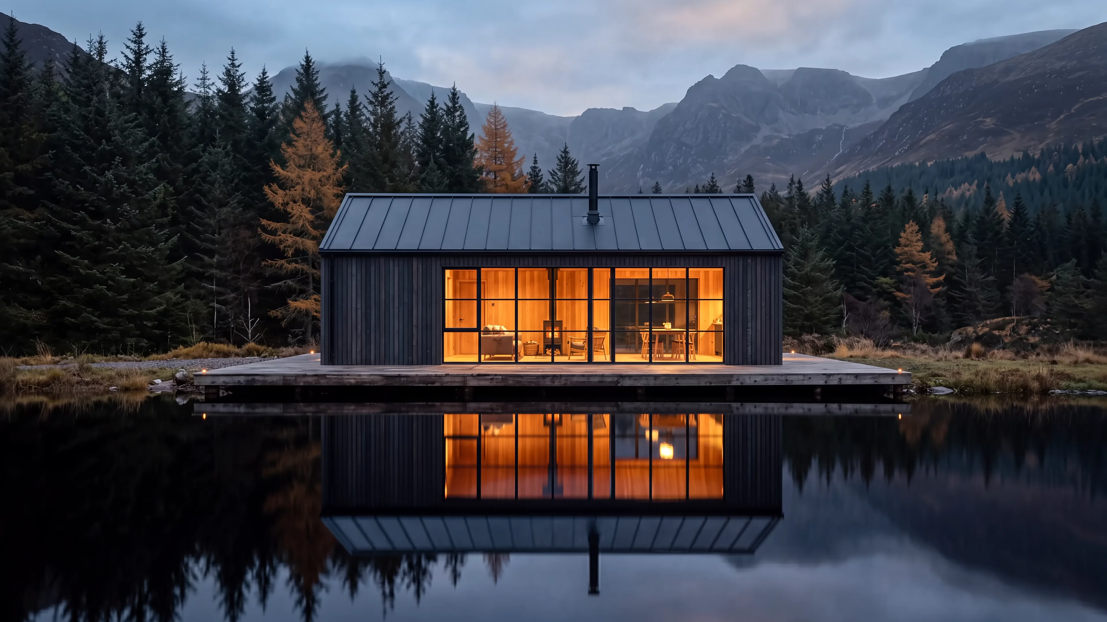 Tarn, black timber cabin on a still mountain lake