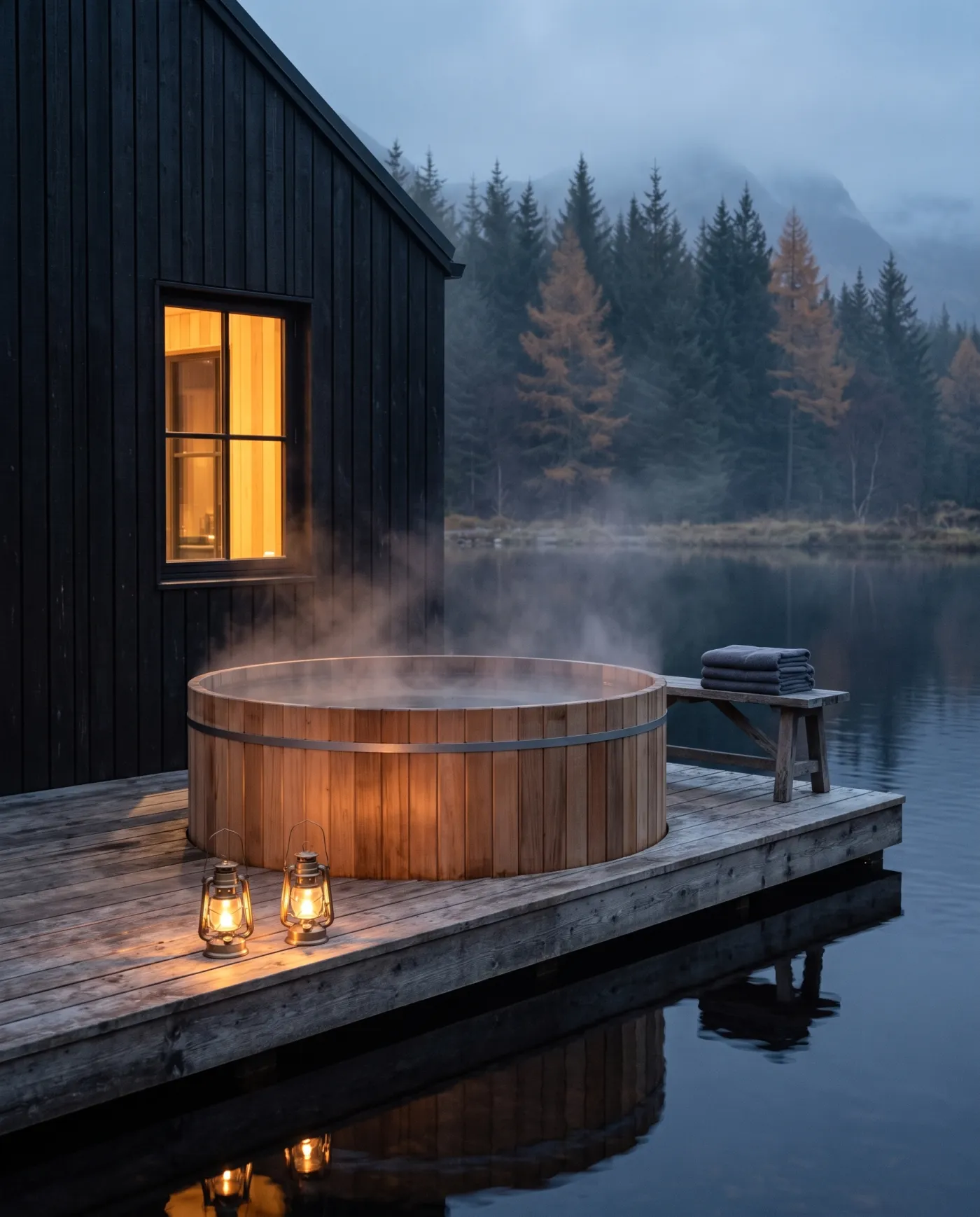 Steaming cedar hot tub on the deck at dusk