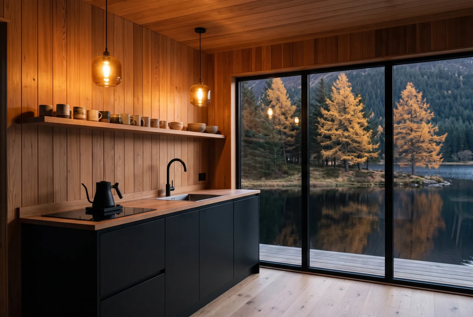 Cabin kitchen with black cabinets and a window onto the autumn lake