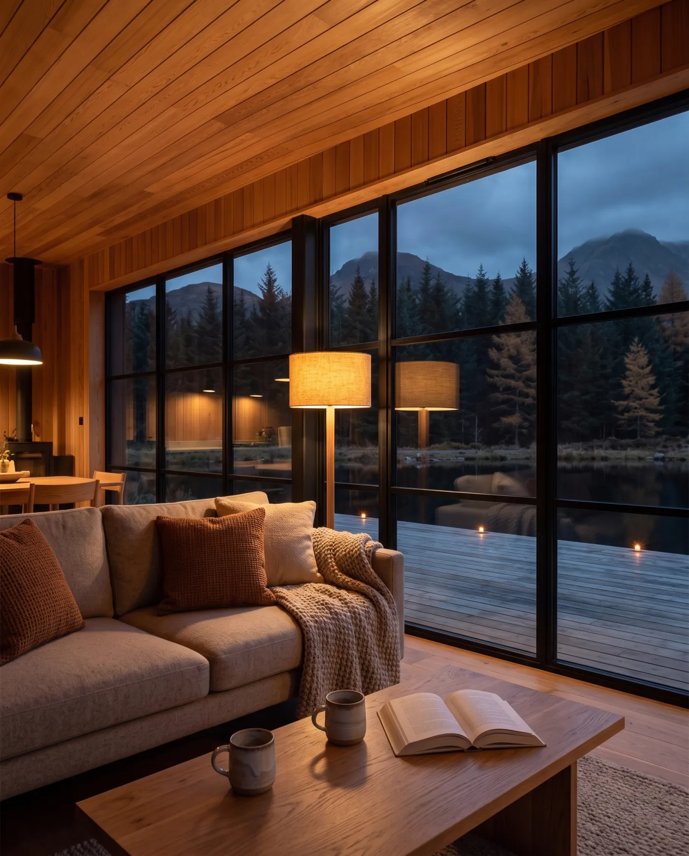 Living room sofa facing the glass wall and the lake