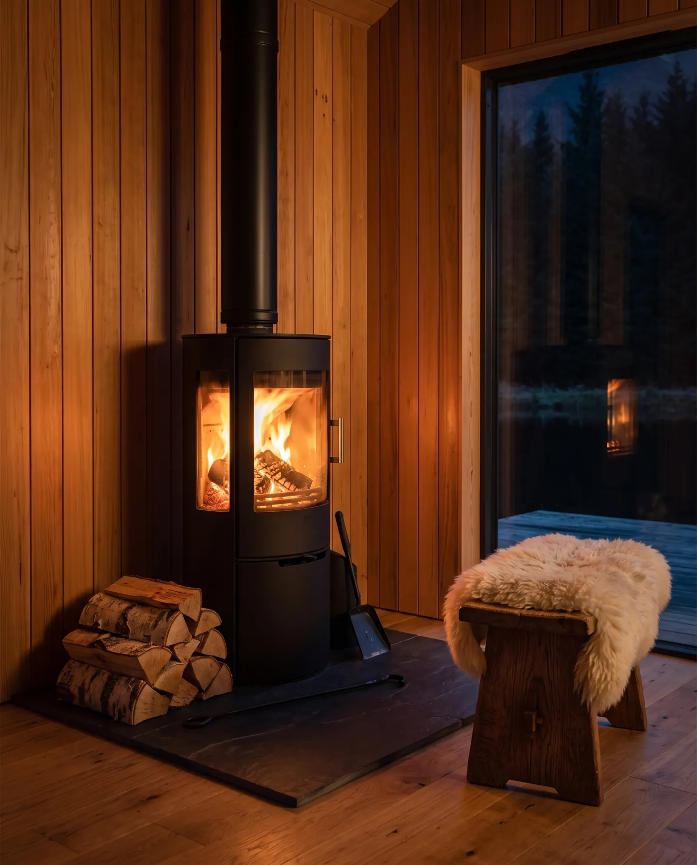 Black wood stove with a burning fire